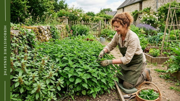 Les urticacées au jardin. Une femme qui cultive les urticaceae - Herboristerie Sensathé